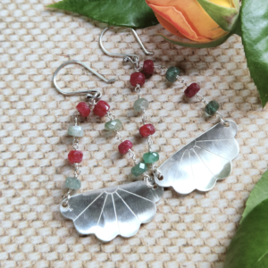Japanese Iced Tea Spoon drop Earrings – Emerald & Ruby Beads (8 each side, 6cm drop)