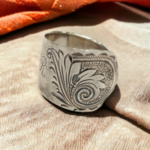 Art Nouveau Spiral Spoon Ring with Floral Scrolls | Sterling Silver