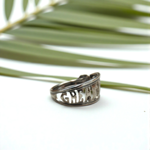 silver ring with a green palm frond in the background