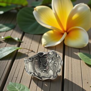silver ring on a wooden slab with a yellow flower in the background