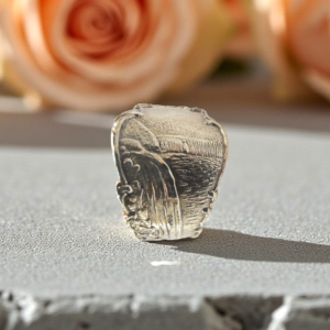 Silver ring on a cement slab with an orange rose in the background