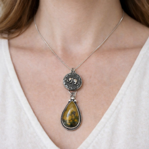 Ocean Jasper & Elephant Pendant Necklace – Sterling Silver Statement Necklace