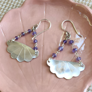 Sterling silver earrings made from Japanese iced tea spoons, featuring six amethyst beads and hand-forged hooks.