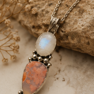 Cherry Blossom Agate and Rainbow Moonstone Pendant
