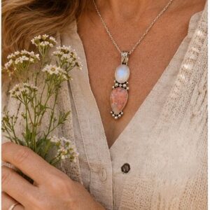 Cherry Blossom Agate & Rainbow Moonstone Sterling Silver Pendant