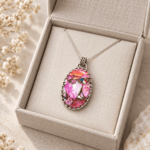 Spiny Oyster Turquoise sterling silver pendant necklace in linen gift box